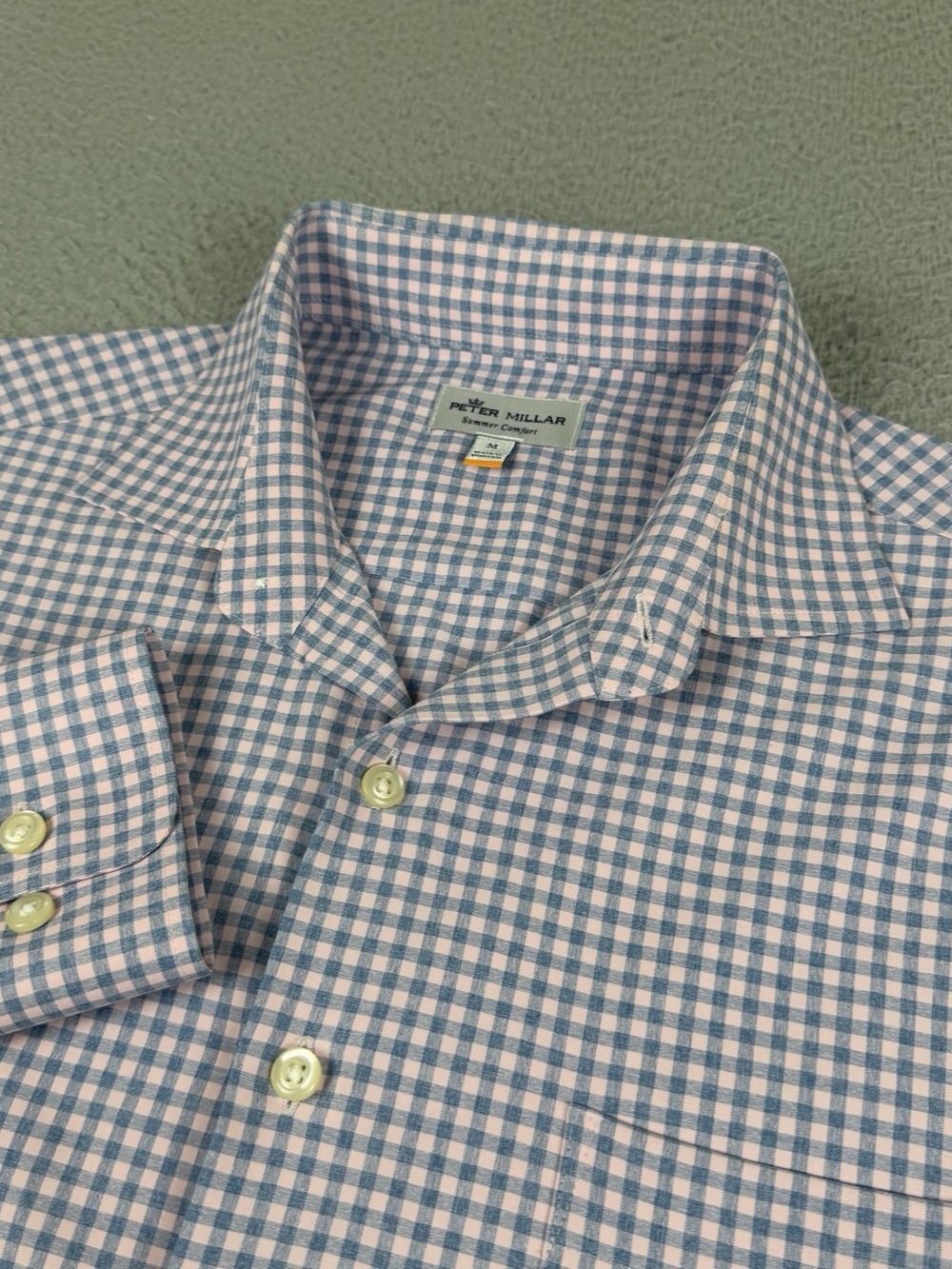 Peter Millar Shirt Mens Medium Blue Pink Gingham Plaid Summer Comfort Button LS